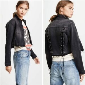 L'AGENCE ZUMA Lace Back Washed Black Denim Raw Jacket Cropped XS